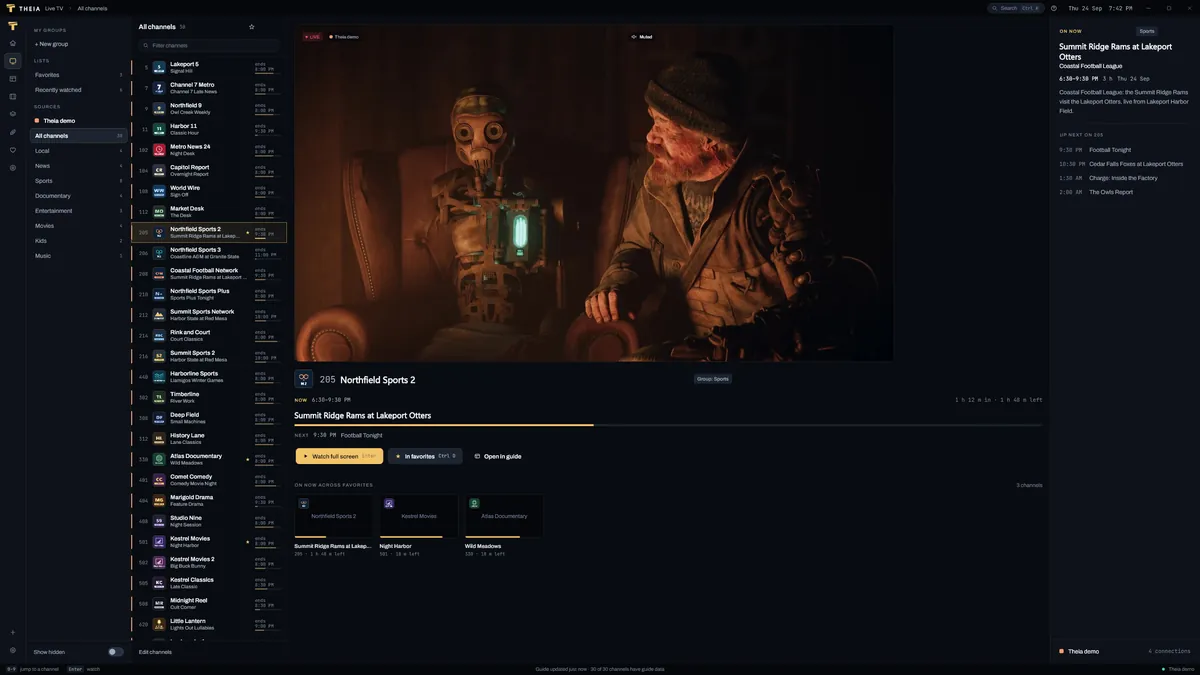 The Live TV screen: a list of demo channels beside a muted preview, with what's on now and a Watch full screen button.