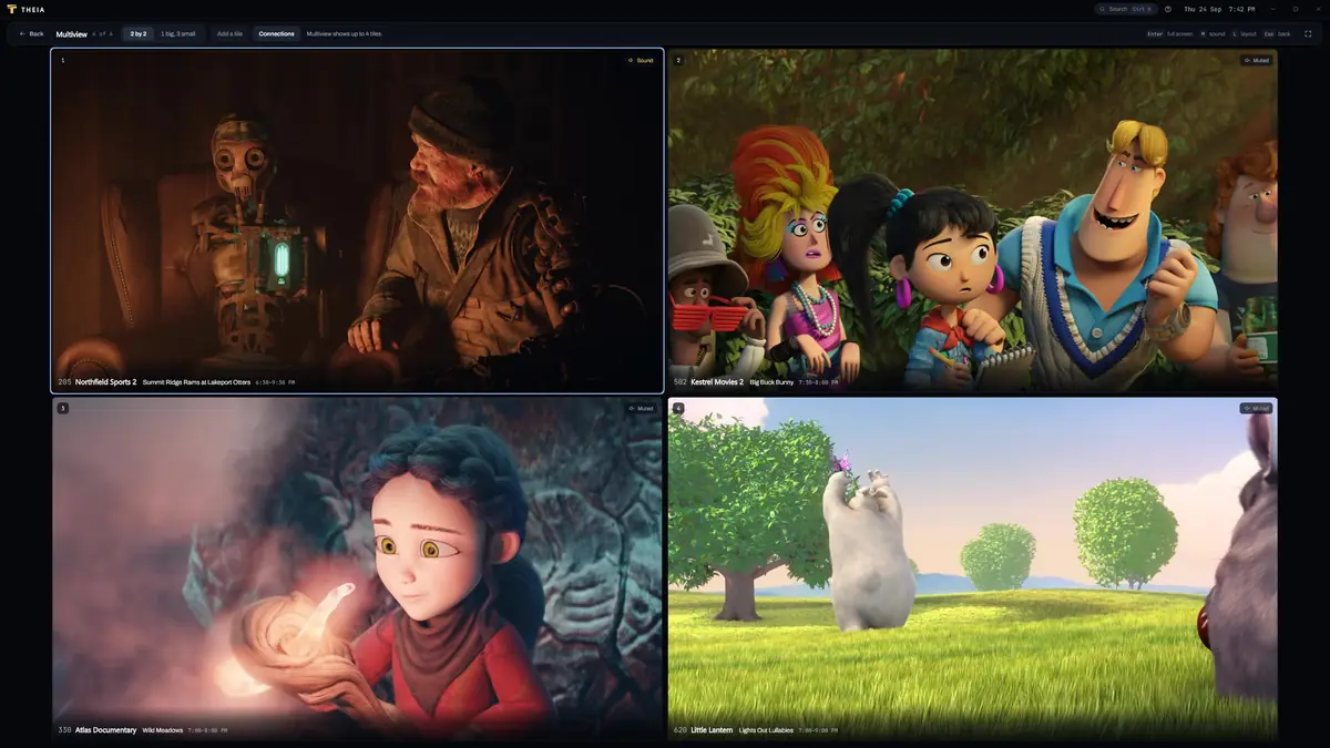 Multiview with a demo channel in each tile, labeled with its channel and program, one tile carrying the sound and the rest muted.
